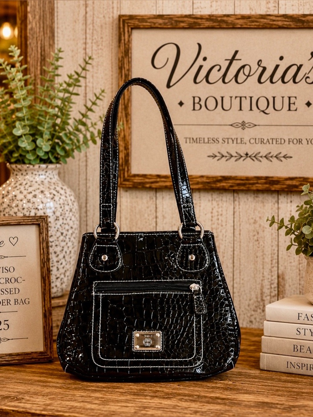 Treviso Black Croc-Embossed Shoulder Bag with Glossy Finish